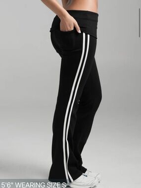 Black Fold-Over Waist Pants with Side Stripes